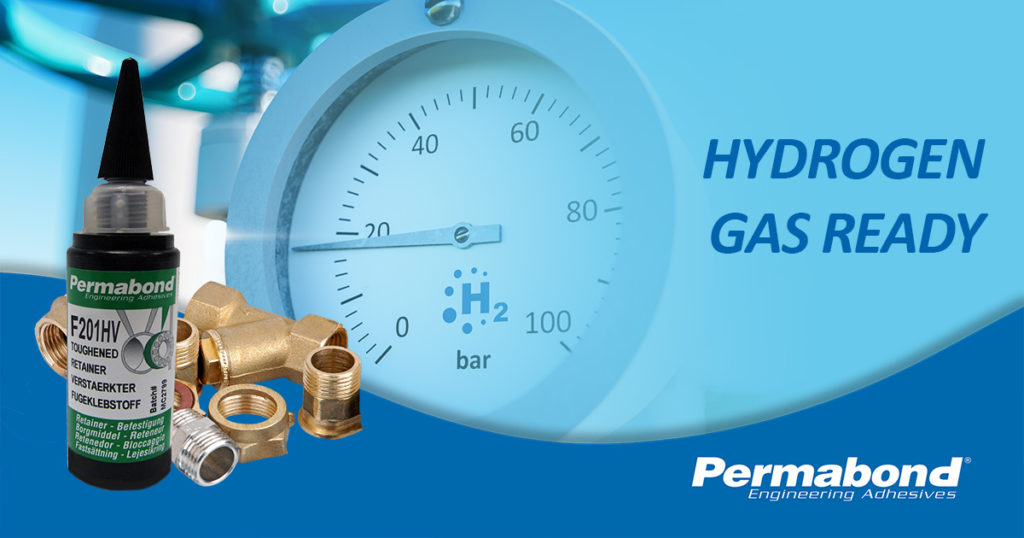 Image of Permabond F201HV adhesive with threaded pipework fittings and a hydrogen gas regulator. Text overlay of "Hydrogen Gas Ready"